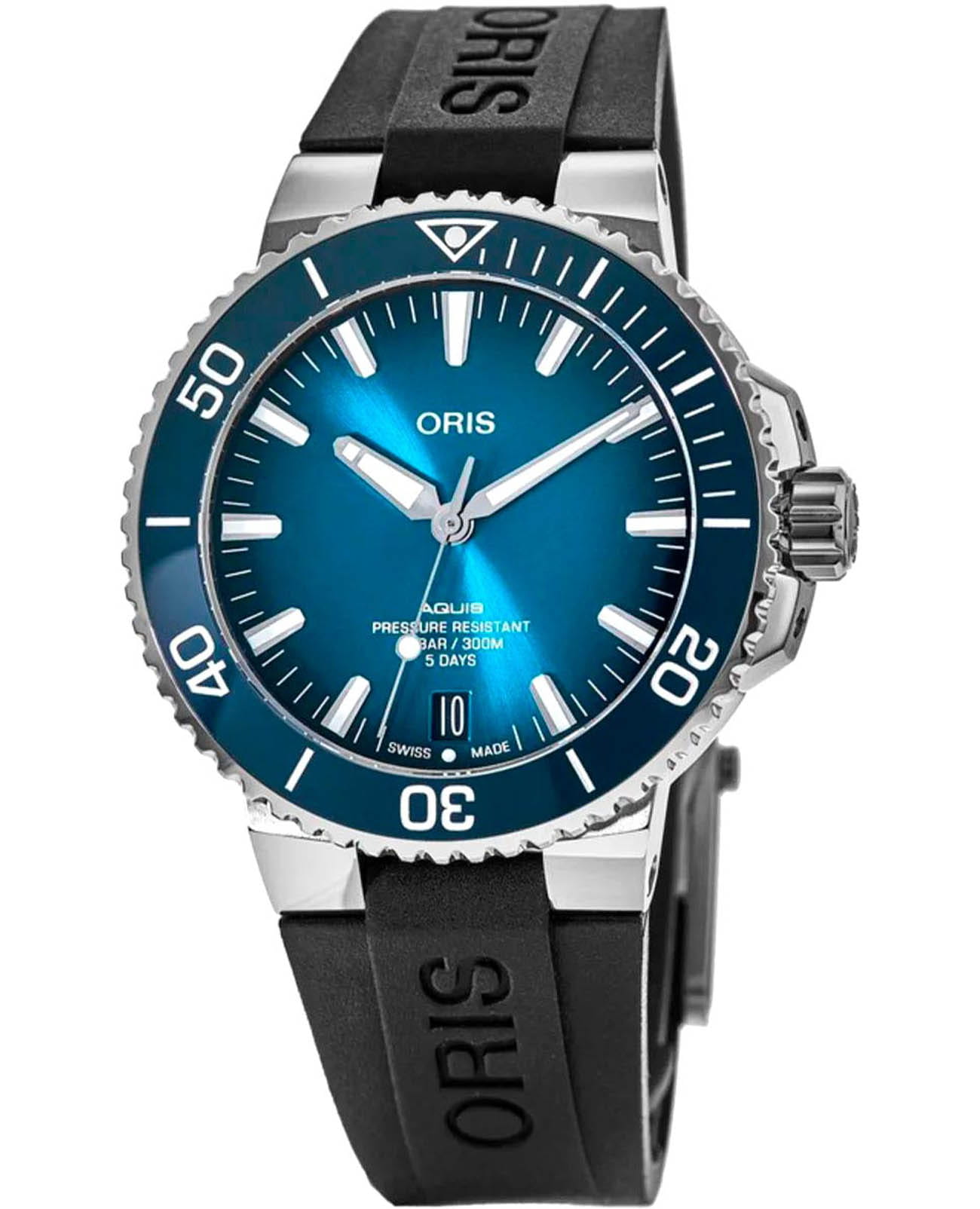 Oris Oris Aquis 01 400 7763 4135-07 4 24 74EB  01 400 7763 4135-07 4 24 74EB механические мужские часы синий циферблат, браслет каучук — вид спереди